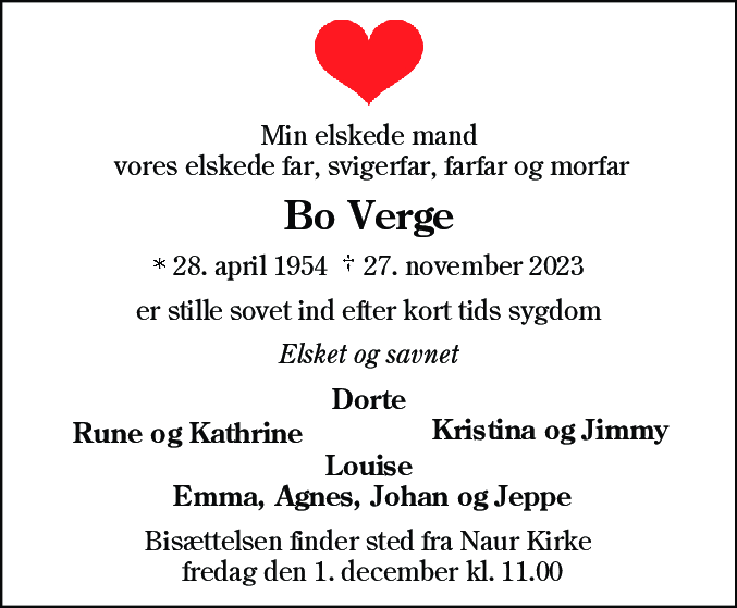 Dødsannonce for Bo Verge