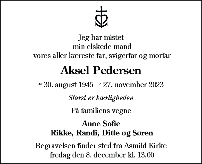 Dødsannonce for Aksel Pedersen
