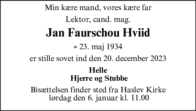 Dødsannonce for Jan Faurschou Hviid