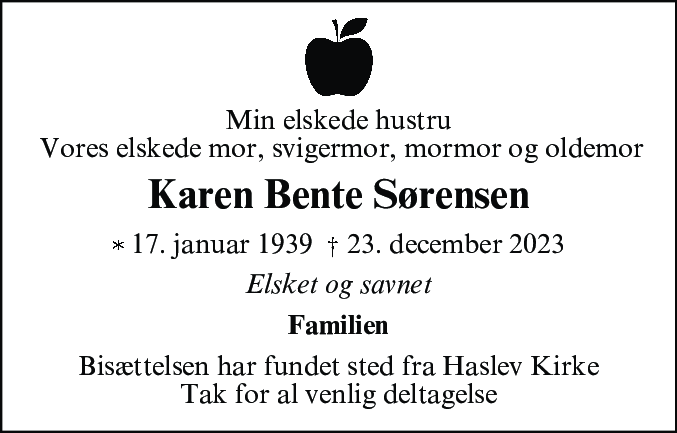 Dødsannonce for Karen Bente Sørensen