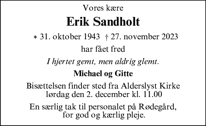 Dødsannonce for Erik Sandholt