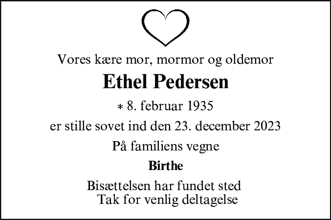 Dødsannonce for Ethel Pedersen