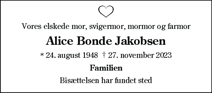 Dødsannonce for Alice Bonde Jakobsen