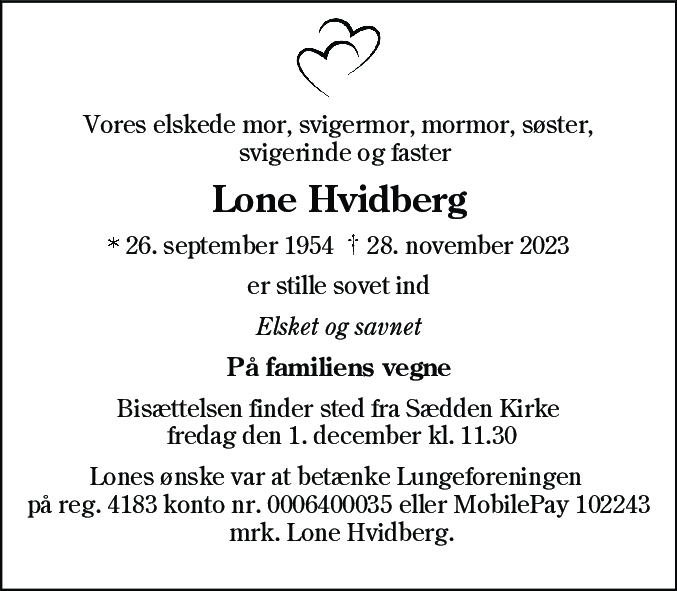 Dødsannonce for Lone Hvidberg