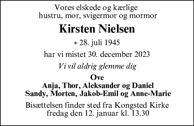 Dødsannonce for Kirsten Nielsen