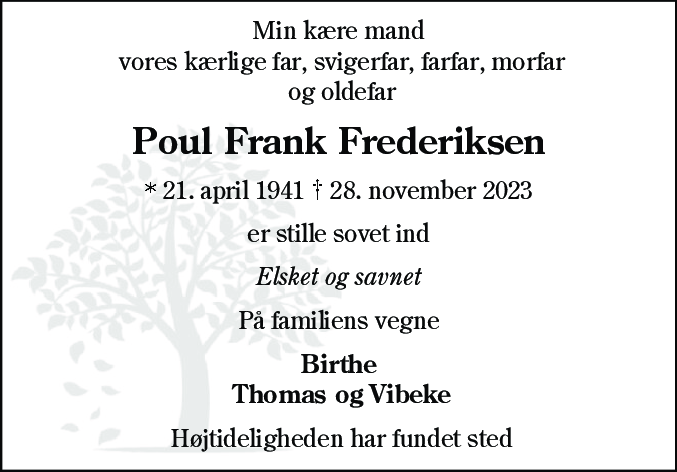 Dødsannonce for Poul Frank Frederiksen
