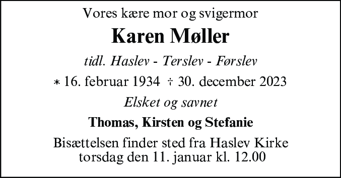 Dødsannonce for Karen Johanne Bogtoft Møller