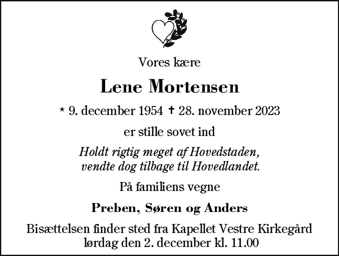 Dødsannonce for Lene Mortensen