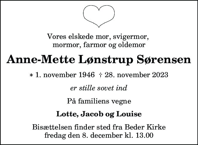 Dødsannonce for Anne-Mette Lønstrup Sørensen