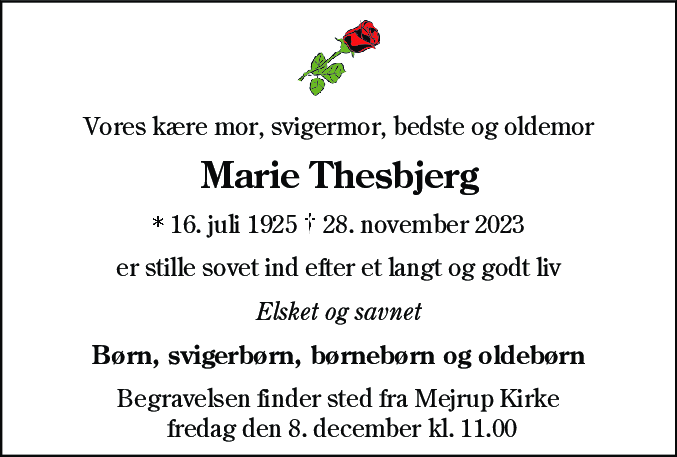 Dødsannonce for Ellen Marie Thesbjerg