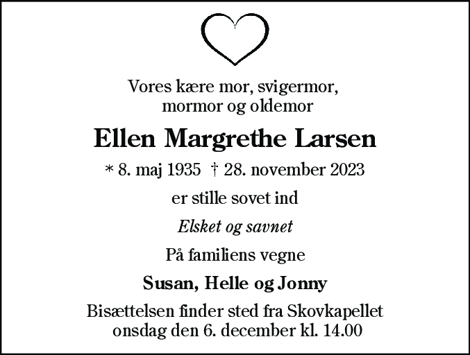 Dødsannonce for Ellen Margrethe Larsen