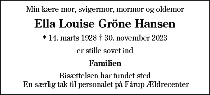 Dødsannonce for Ella Louise Gröne Hansen