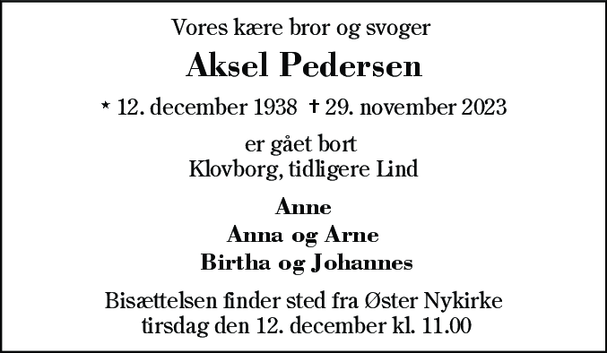 Dødsannonce for Aksel Pedersen