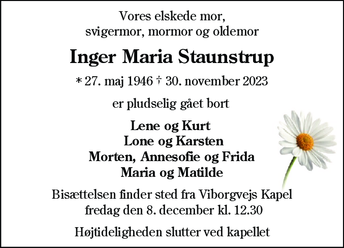 Dødsannonce for Inger Maria Staunstrup