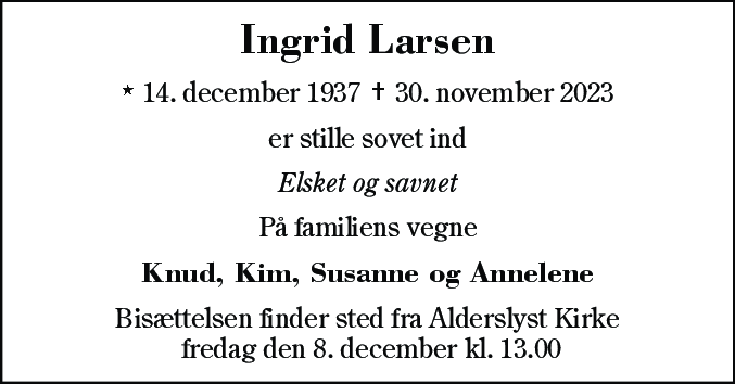 Dødsannonce for Ingrid Larsen