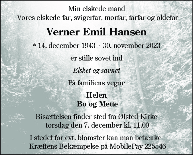 Dødsannonce for Verner Emil Hansen
