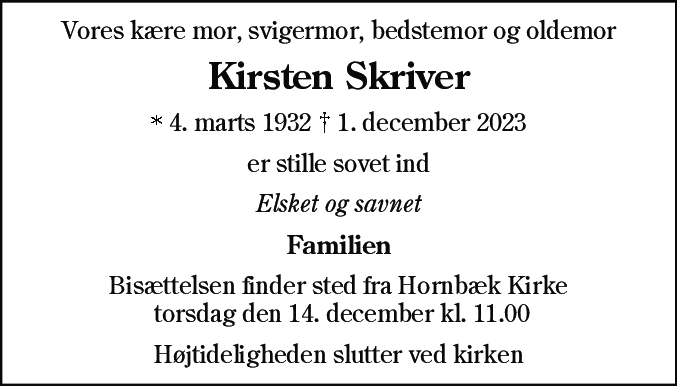 Dødsannonce for Kirsten Lundgaard Skriver