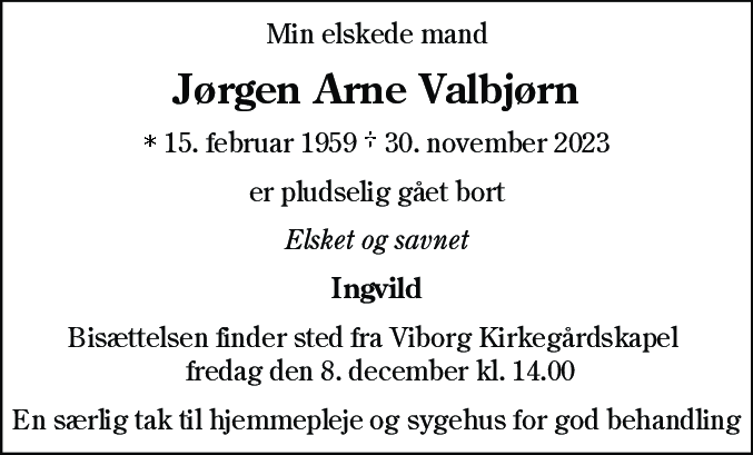 Dødsannonce for Jørgen Arne Valbjørn