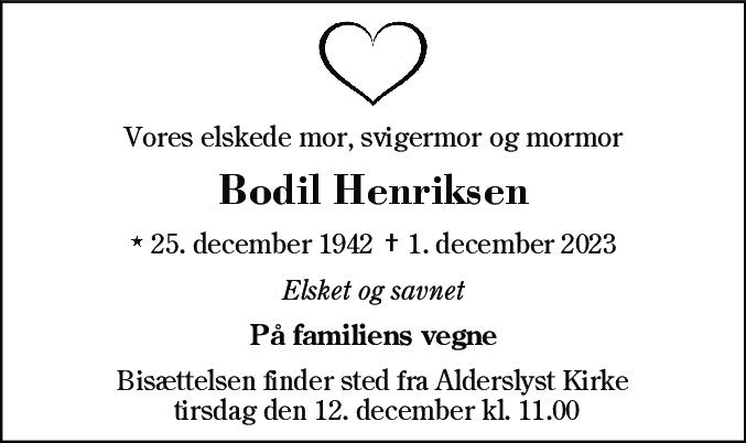 Dødsannonce for Bodil Henriksen