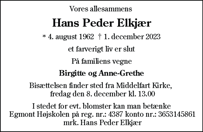 Dødsannonce for Hans Peder Elkjær