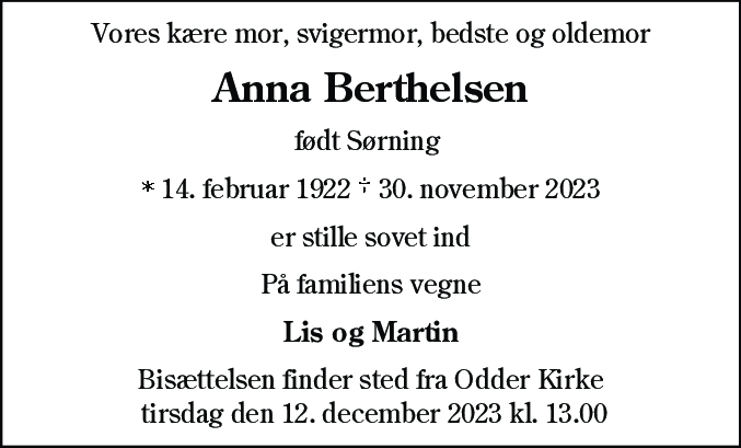 Dødsannonce for Anna Berthelsen