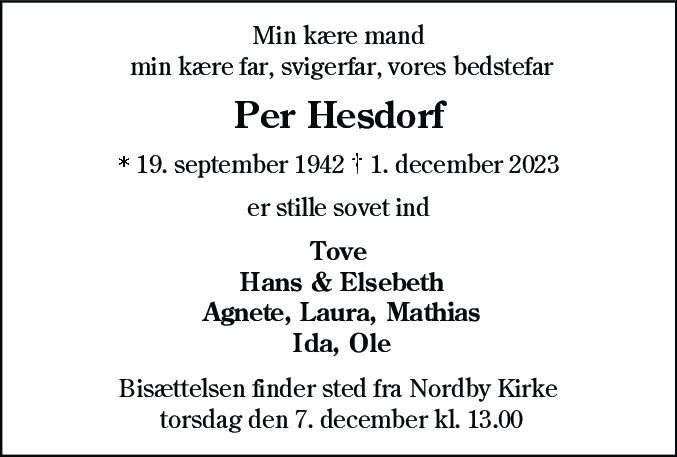 Dødsannonce for Per Hesdorf