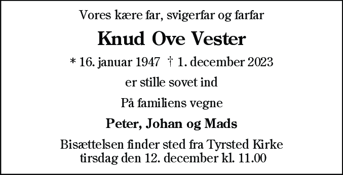 Dødsannonce for Knud Ove Vester