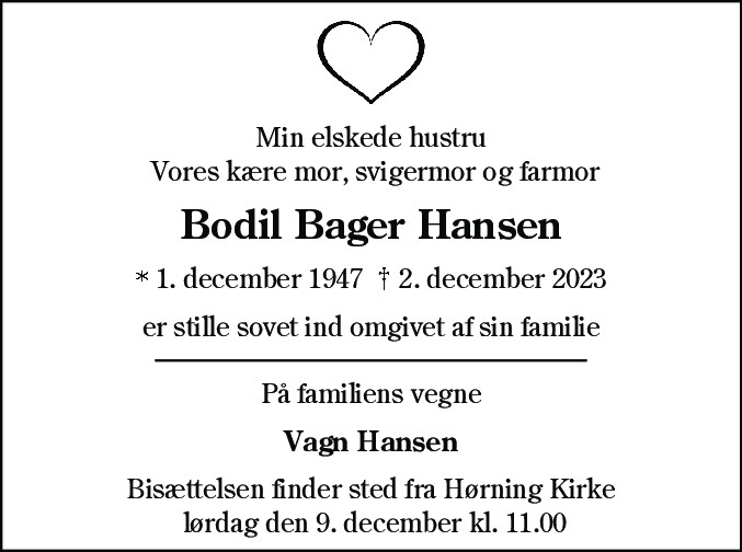 Dødsannonce for Bodil Hansen