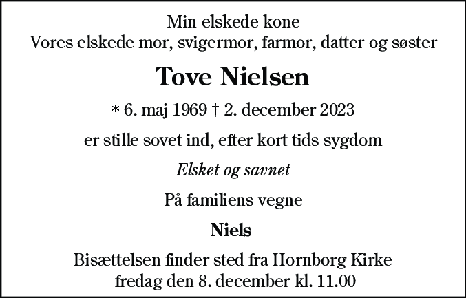 Dødsannonce for Tove Nielsen