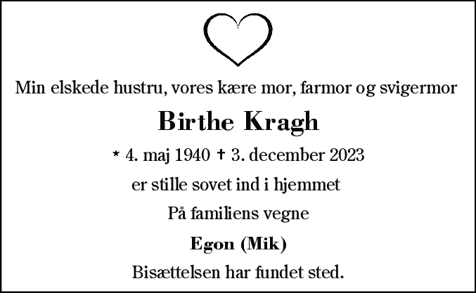 Dødsannonce for Birthe Kragh