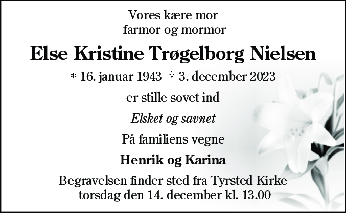 Dødsannonce for Else Kristine Trøgelborg Nielsen
