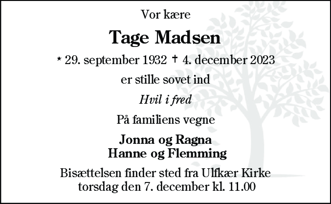 Dødsannonce for Tage Madsen