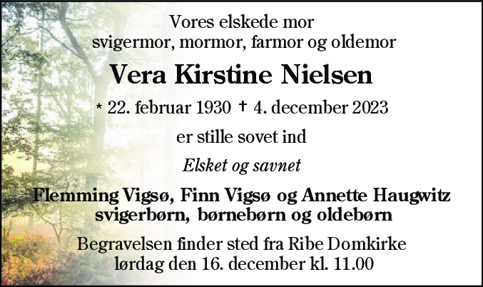 Dødsannonce for Vera Kirstine Nielsen