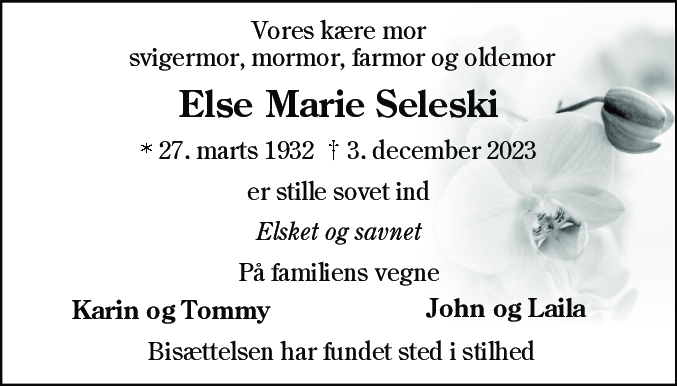 Dødsannonce for Else Marie Seleski