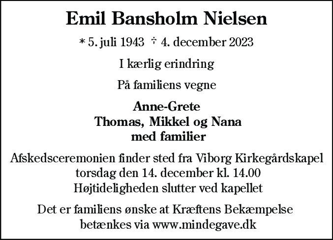 Dødsannonce for Emil Bansholm Nielsen