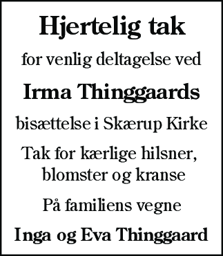 Dødsannonce for Irma Ingeborg Thinggaard