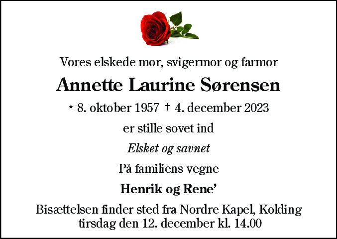 Dødsannonce for Annette Laurine Sørensen