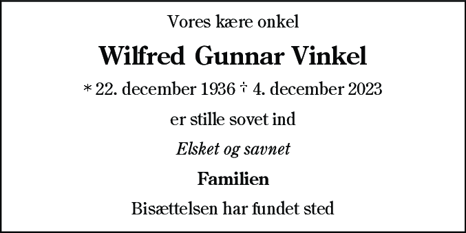 Dødsannonce for Wilfred Gunnar Vinkel