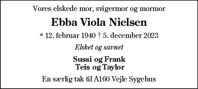 Dødsannonce for Ebba Viola Nielsen