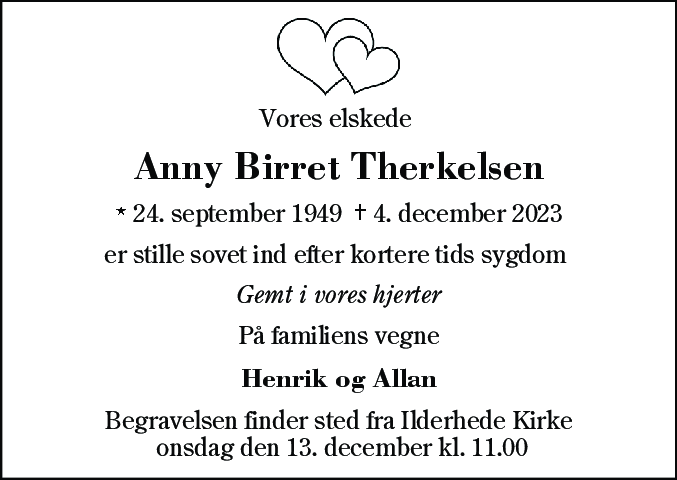 Dødsannonce for Anny Birret Therkelsen