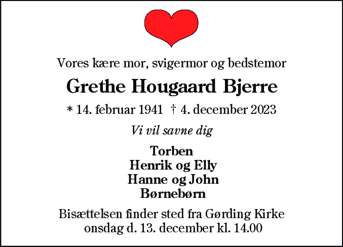 Dødsannonce for Grethe Hougaard Bjerre