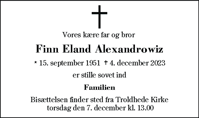 Dødsannonce for Finn Eland Alexandrowiz