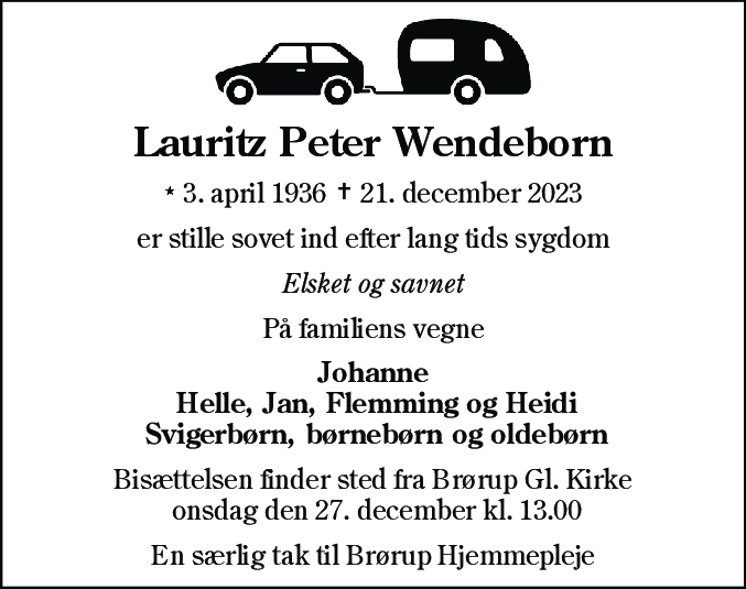 Dødsannonce for Lauritz Peter Wendeborn