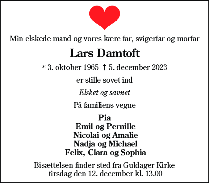Dødsannonce for Lars Damtoft