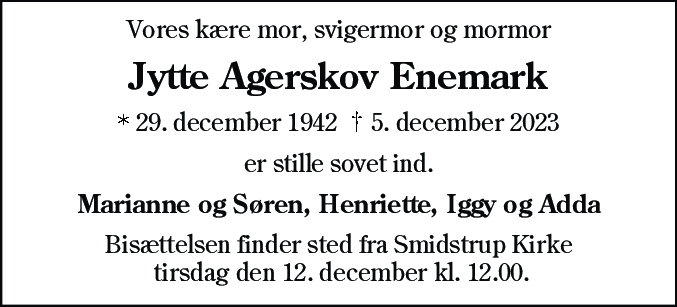 Dødsannonce for Jytte Agerskov Enemark