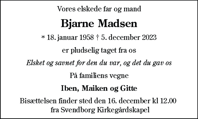 Dødsannonce for Bjarne Madsen
