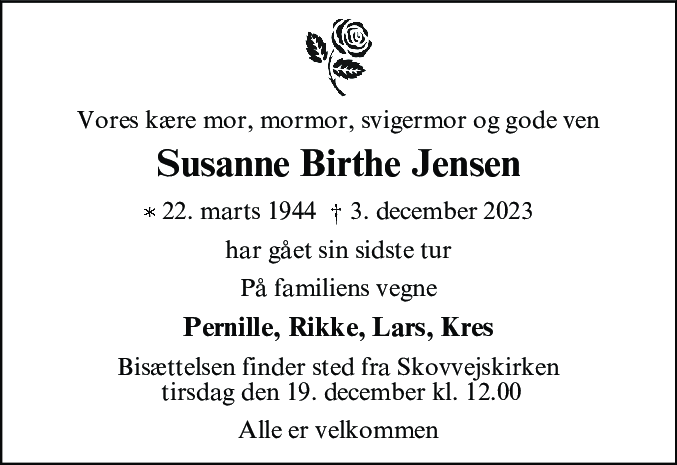 Dødsannonce for Susanne Birthe Jensen