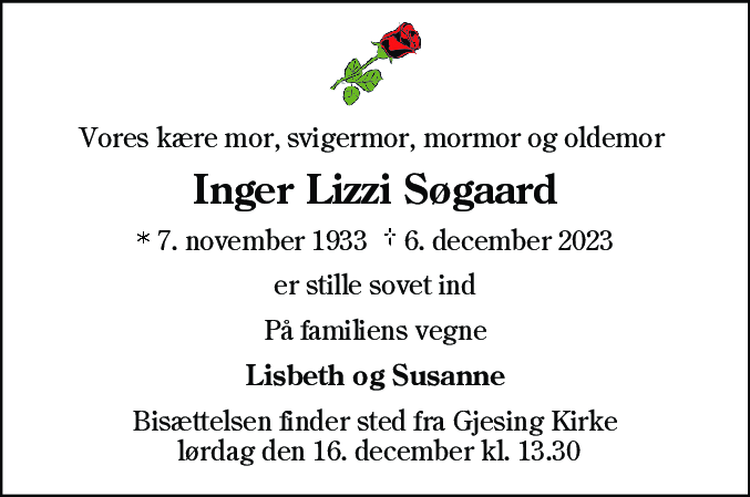 Dødsannonce for Inger Lizzi Søgaard