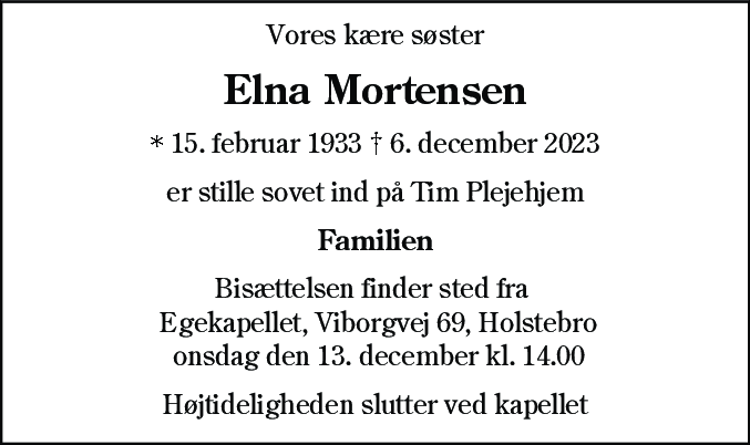 Dødsannonce for Elna Mortensen
