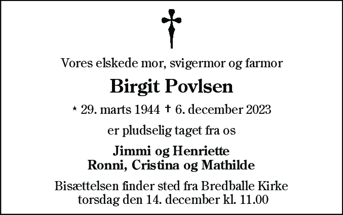Dødsannonce for Birgit Elisabeth Povlsen